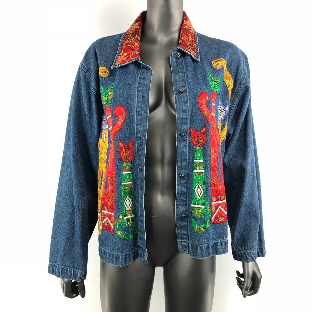 Denim Jacket by Tantrums Size L Cat Embroidery